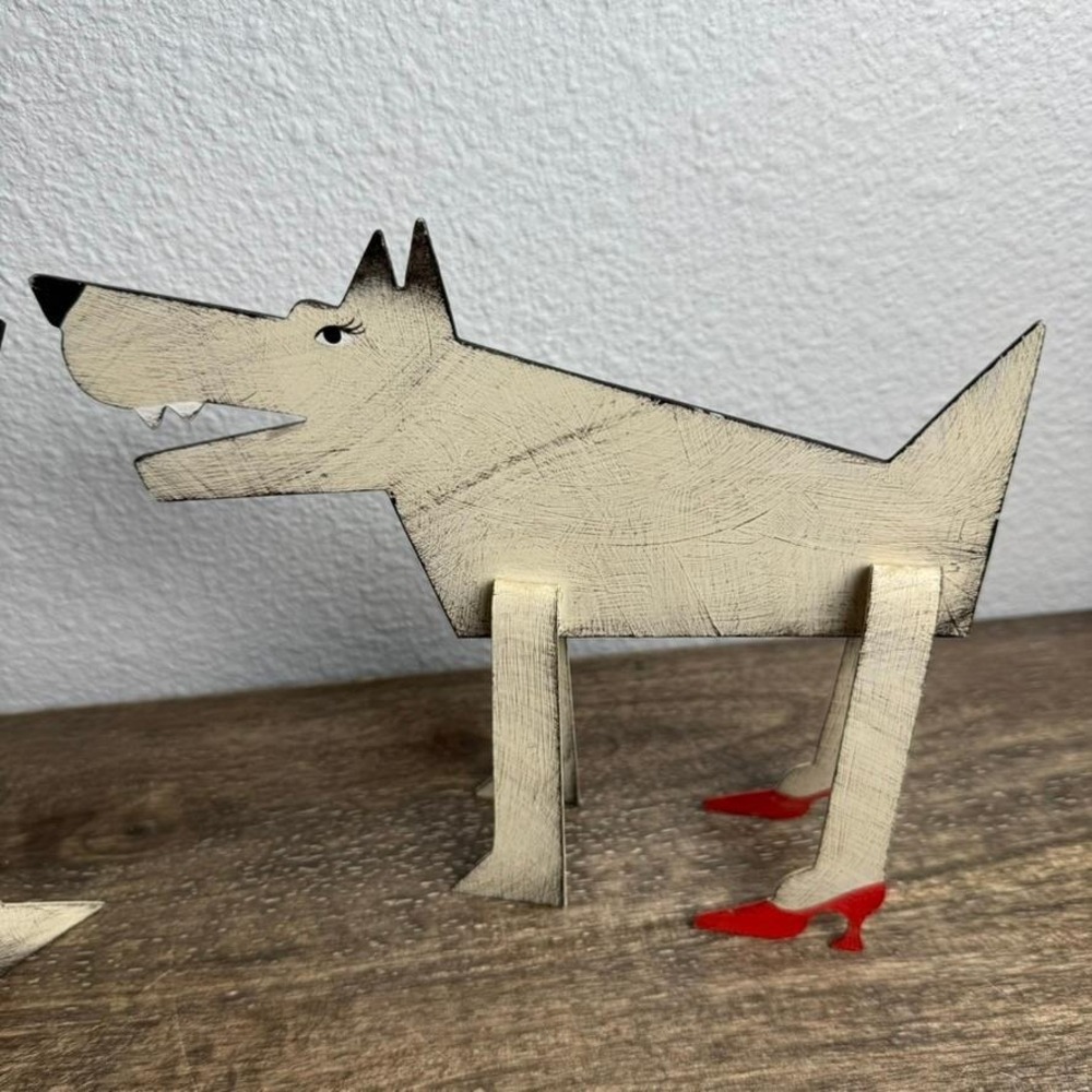 Acme Animal Dog Sculptures Sue Parke Don Gidley Folk Art Metal Pair Red Heels - Picture 6 of 16